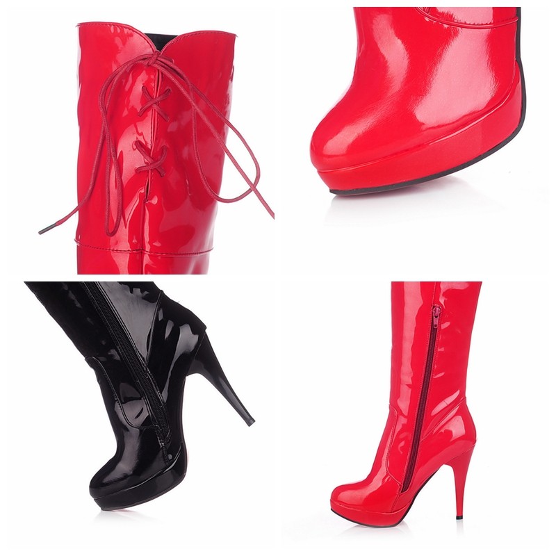 REAVE CAT 2021 Sexy Over the Knee Boots Patent Leather Velvet Round Toe Lace Up Zip Platform 11cm Thin Heel US12 White Red A4348