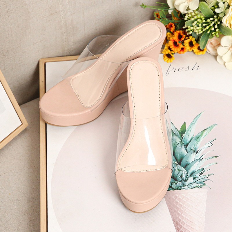 TST TB Transparent Wedges Slides Women High Heel Slipper Sandals Casual Out Door Peep Toe Comfortable Pumps Shoes Female