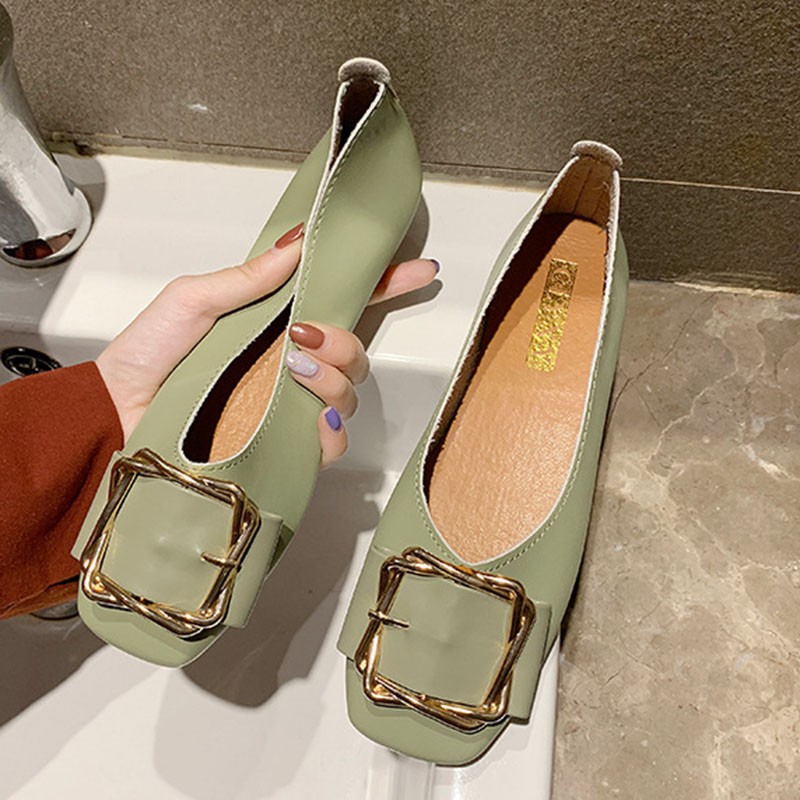 Spring Korean Women's Shoes Fashion Metal Square Buckle Design Luxury Outdoor Leisure Breathable Pumps Soft Elegant Flat Shoes