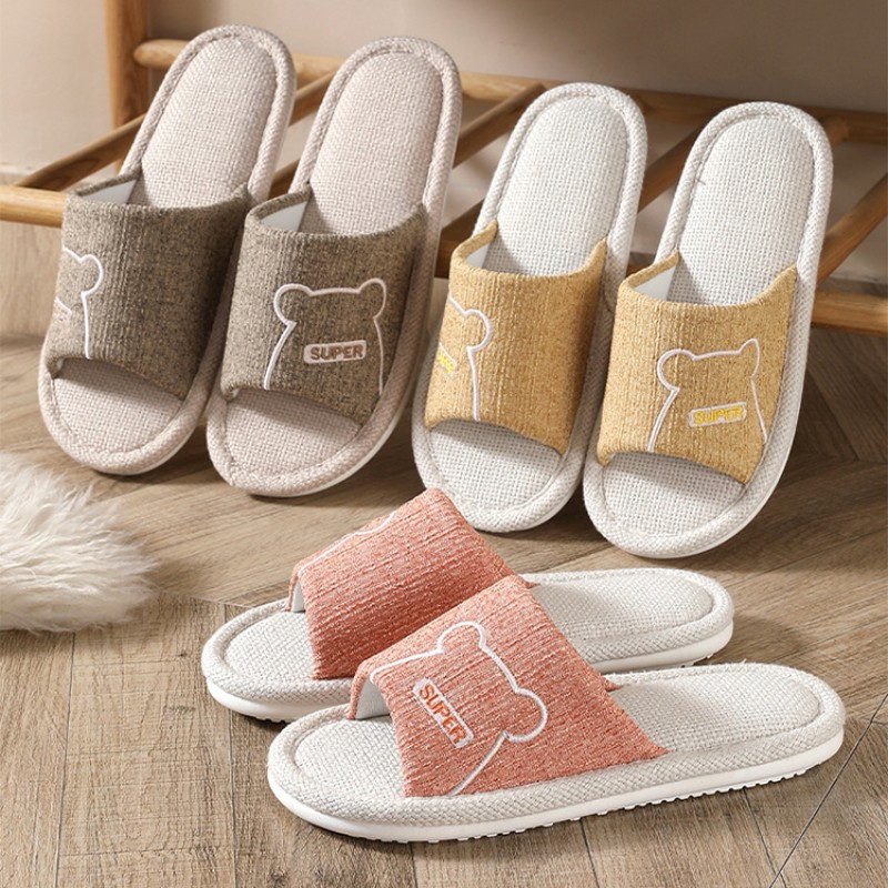 Women Indoor Linen Slippers Floor Couple Bedroom Shoes Ladies Summer Cute Cartoon Open Toes Non-slip Flip Flops Zapatillas Mujer