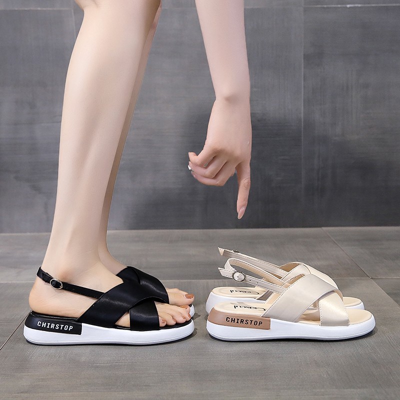 Women Summer Flat Sandals Fashion Simple Casual Ladies Shoes Buckle Flat Shoes White Reflective Stripe Platform Shoes Sandals