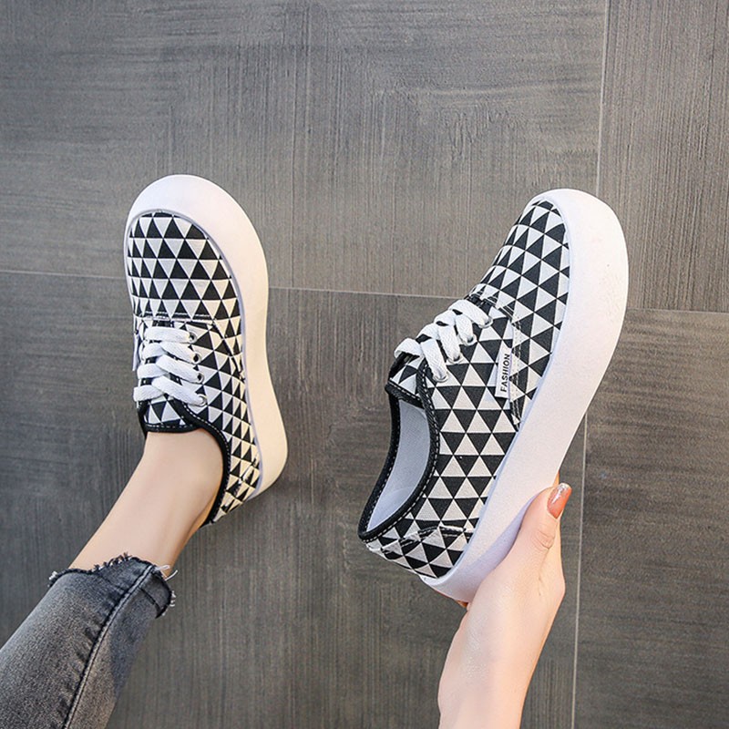 Spring New Color Matching Plaid Design Fashion Shallow Mouth Breathable Outdoor Casual Rubber Platform Non-slip Canvas Shoes