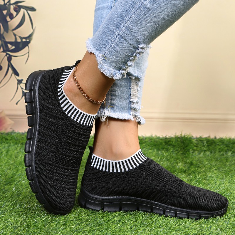 Rimocy Yellow Stripe Knitted Socks Sneakers Women Spring Summer Slip On Flat Shoes Woman Plus Size Mesh Breathable Running Shoes