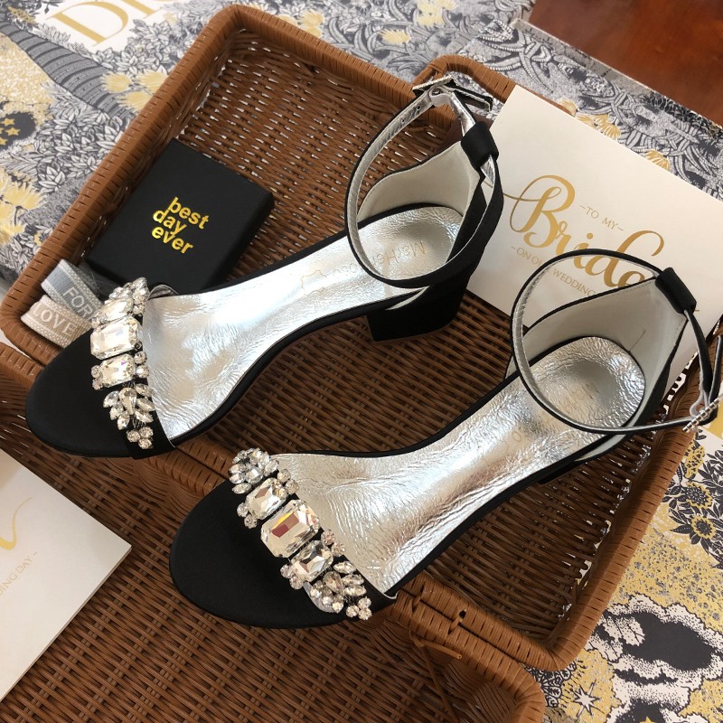 Women Sandals Rhinestones Sparkly Wedding Shoes Satin Daily Work High Heels Ankle Strap Black Sandalias Summer