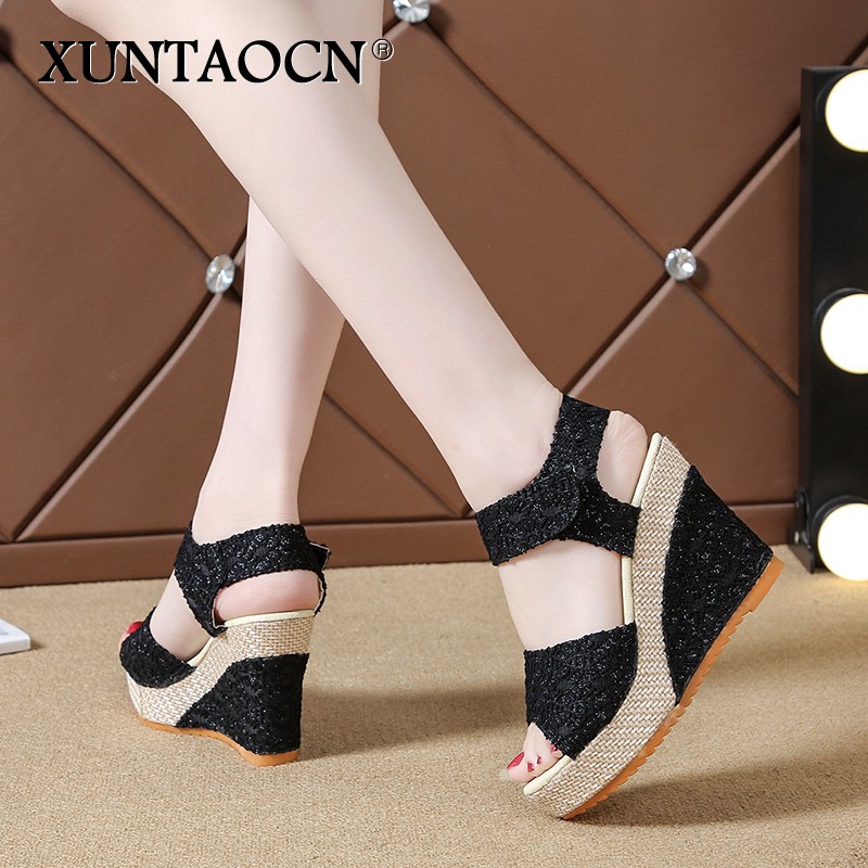 Women Sandals New Summer Fashion Lace Hollow Gladiator Wedges Shoes Woman Slides Peep Toe Hook & Loop Solid Lady Casual