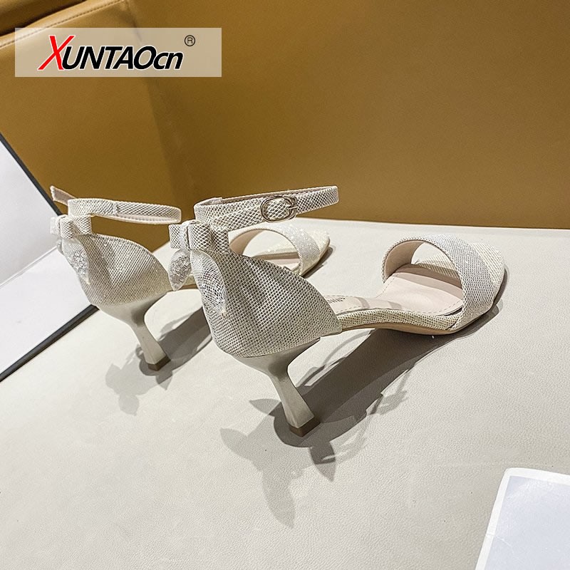 Flock Beige High Heels Sandals for Women 2020 Summer Shoes Women Fashion Open Toe Buckle Casual Sandals Square Heel Women's Shoes