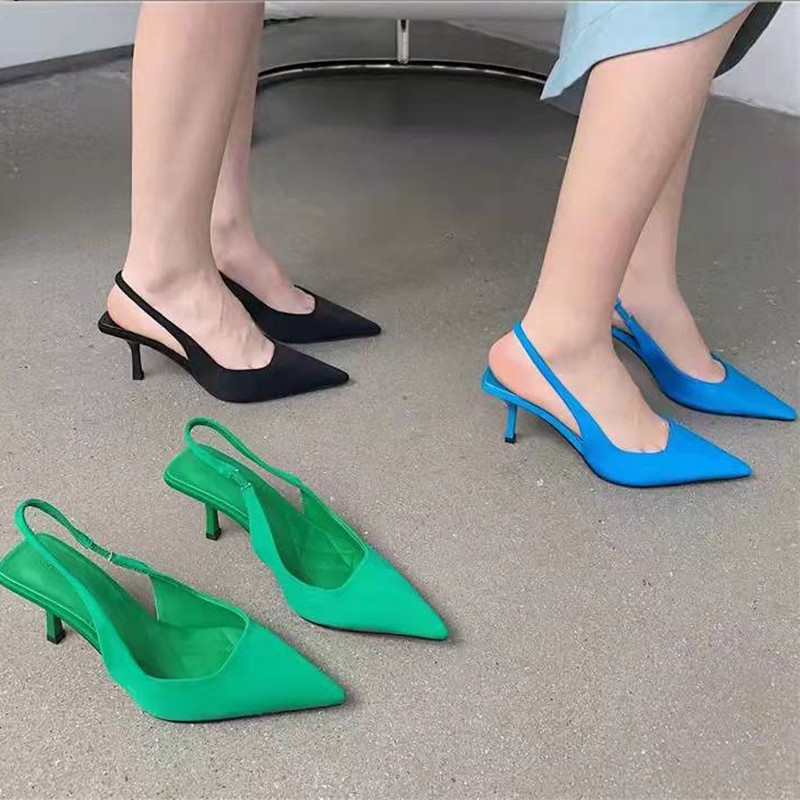 Lucyember 2022 Solid Color High Heels Pumps Women Spring Summer Pointed Toe Slingback Shoes Women Thin Heel Mules Sandals Ladies