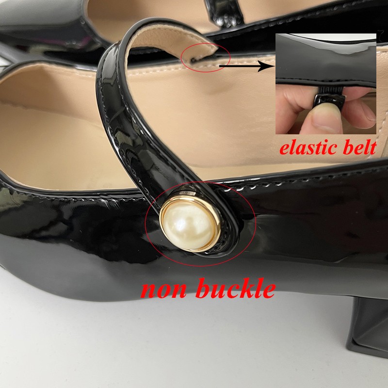 Rimocy Women Elegant Pearl Mary Janes Summer 2022 Simple Patent Leather Mid Heel Pumps Woman Black Square Heels Thick Heel Shoes