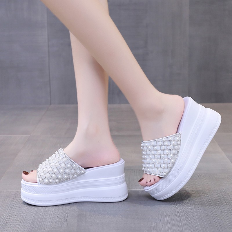 Rimocy 2022 Platform Wedge Sandals Women Summer Shoes Ultra High Heels Pearl Wedge Sandals Women Open Toe Platform Wedge Sandals