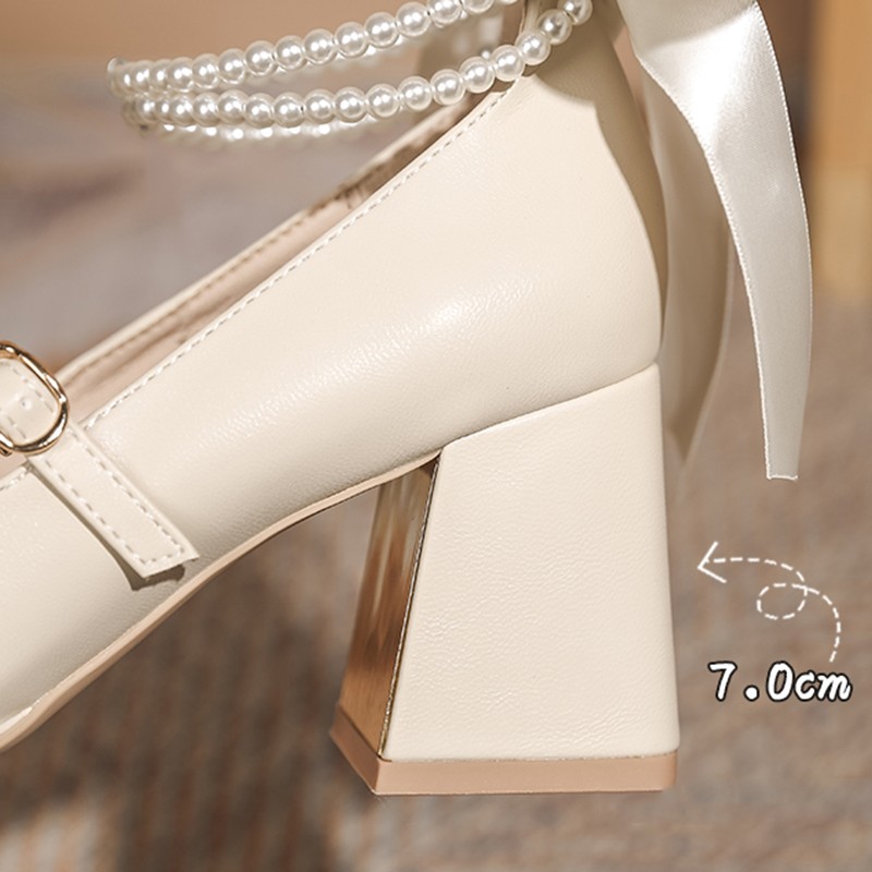 Lucifer Pearl Women Ankle Strap Mary Jane 2022 Elegant Chunky Heel Party Wedding Shoes Female Square Toe Pumps