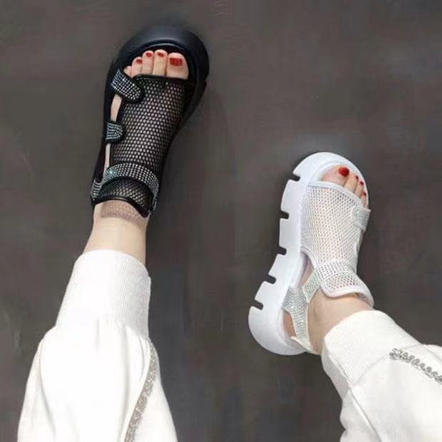 Women's sandals 2021 summer new fashion thick bottom breathable Eugene yarn mesh magic splice Roman sandals hook and loop