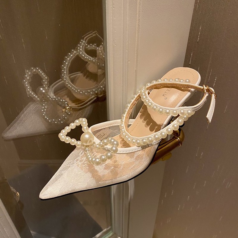 Rimocy Sexy White Lace Ankle Strap Pumps Women Pointed Toe Pearl Bowknot Wedding Shoes Woman 2022 Summer Thin High Heels Sandals