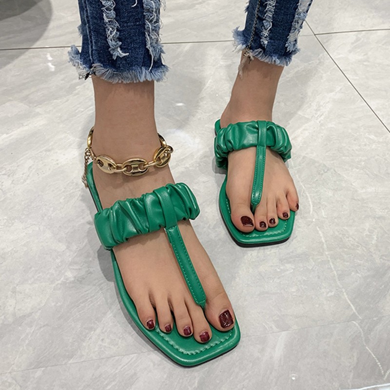 Lucyever 2022 Summer Clip Toe Flat Slippers Women Pleated Pu Leather Square Toe Sandals Woman Solid Outdoor Flip Flops Mujer 43