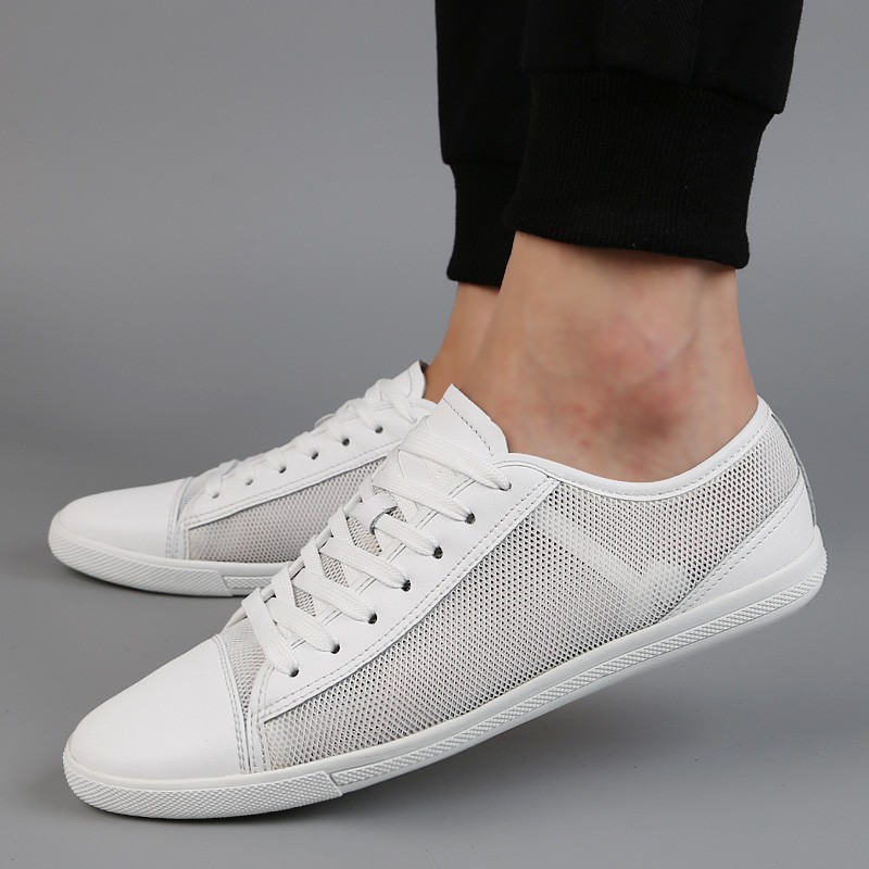 Men's genuine leather sneakers, breathable, white, soft, loafers