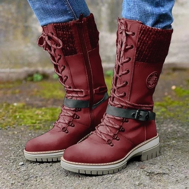 Women's Winter Side Pull Lace-up Knitted Mid Tube Boots Low Heel Round Toe Boots High Quality Winter Warm Boots Botas De Mujer