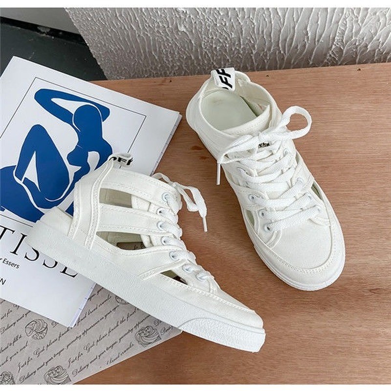 Fashion Hollow Women Canvas Sneakers Summer Breathable Lace Up Espadrilles Femme Casual Students INS White Zapatillas Mujer