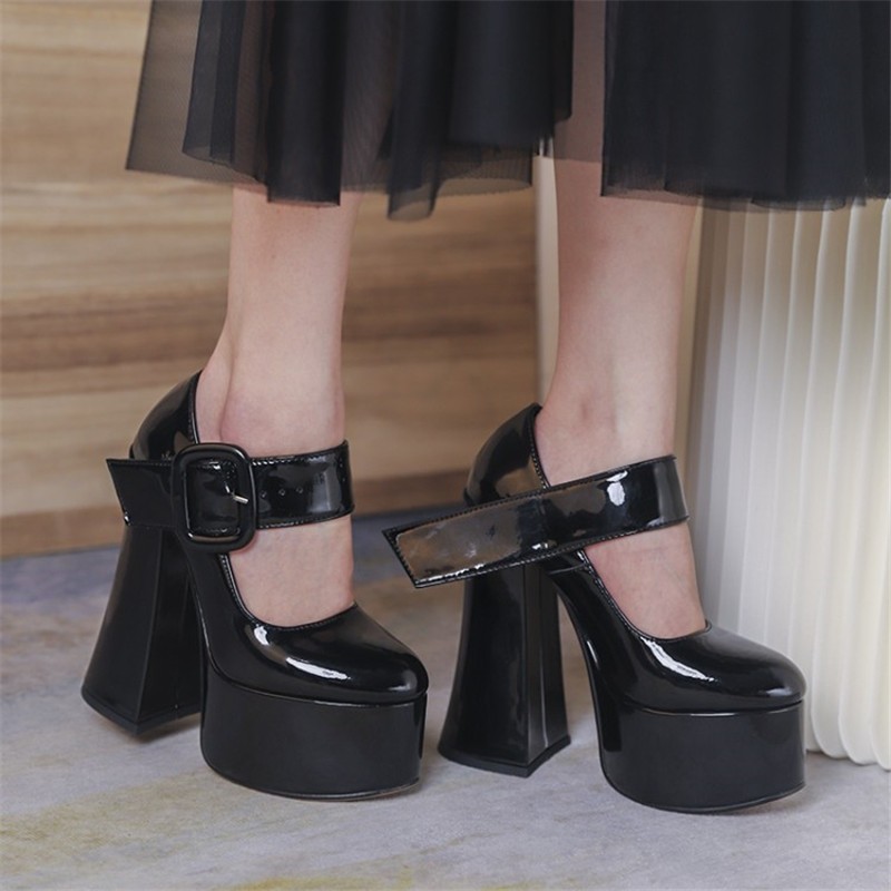 CONASCO Punk Women Thick High Heel Pumps Party Buckles Night Club Prom Shoes Woman Genuine Leather Pumps