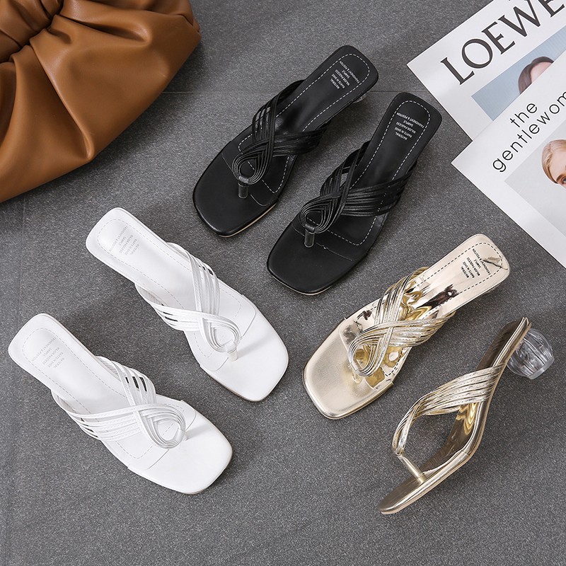 JMPRS 2022 Summer Clear Heels Slippers Women Plus Size Fashionable Handles Toe Flip Flops Woman Black PU Leather Thick Heels Sandals