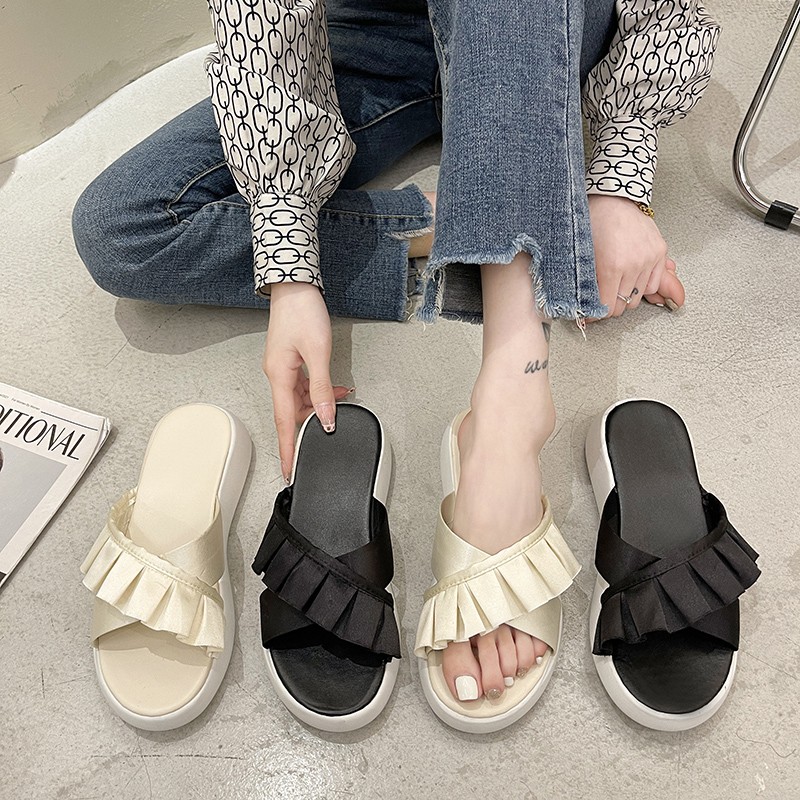 Summer ladies outdoor shopping flat slippers simple high platform open toe slides women flounce cloth soft soles walking shoes