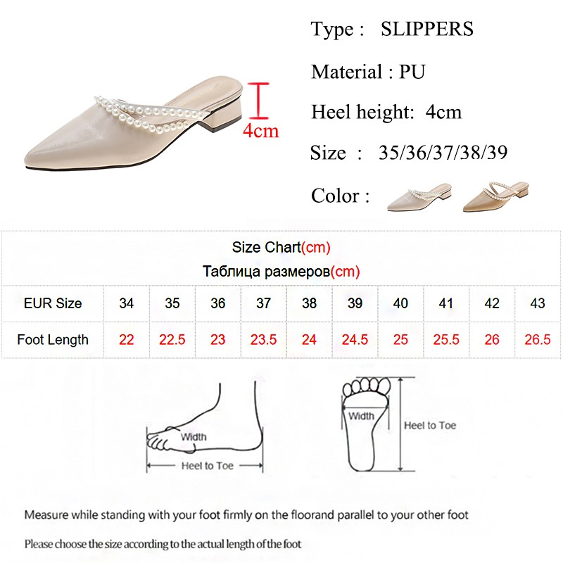 Lucifer Fashion Pointed Toe Pearl Slippers Women 2022 Summer Thick Heels Mules Shoes Woman PU Leather Outdoor Slippers Female