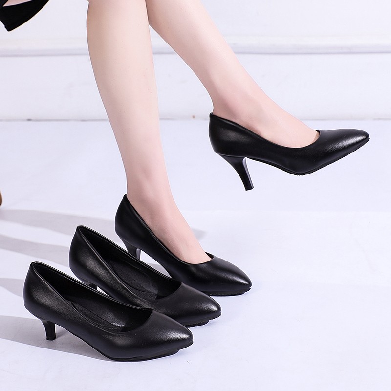 Lucifer 2022 Spring Black PU Leather Women Shoes Pointed Toe Slip On Office Women Shoes High Heels Shallow Mouth