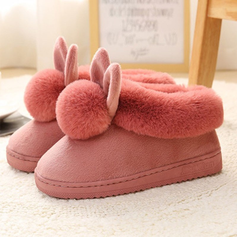 Autumn Winter Cotton Slippers Rabbit Fur Home Warm Thick Bottom Indoor Cotton Shoes Women Slippers Cute Fluffy Cat Slippers