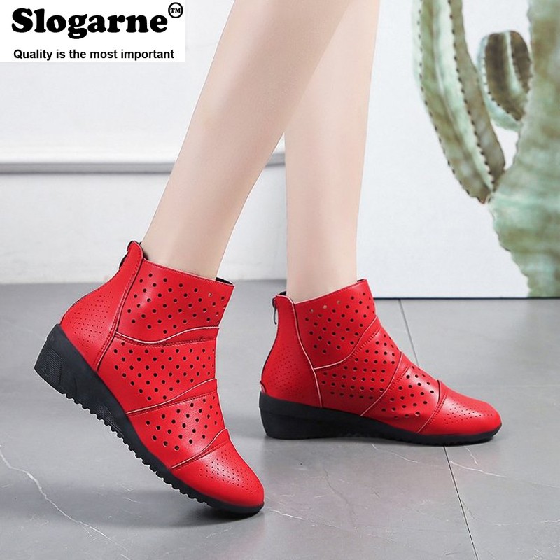 Women's hollow ankle boots female spring shoes 4.5cm medium heel wedges soft leather invisible height increasing short boots