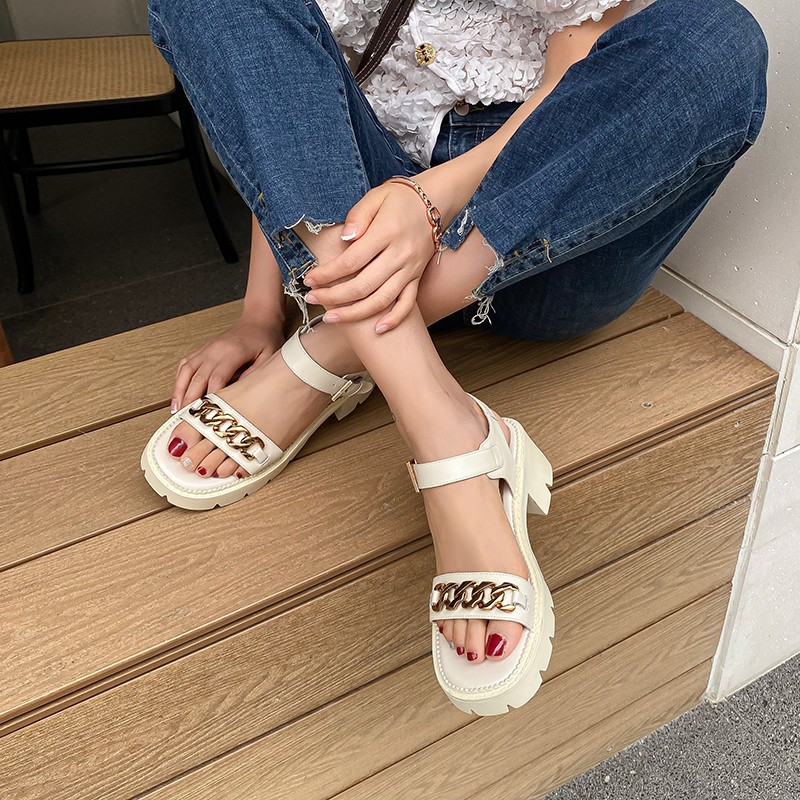 JOVONO Size 33-40 Women Sandals Genuine Leather Metal Chain Summer Shoes For Women Fashion Chunky Ins Daily Shoes Footwear