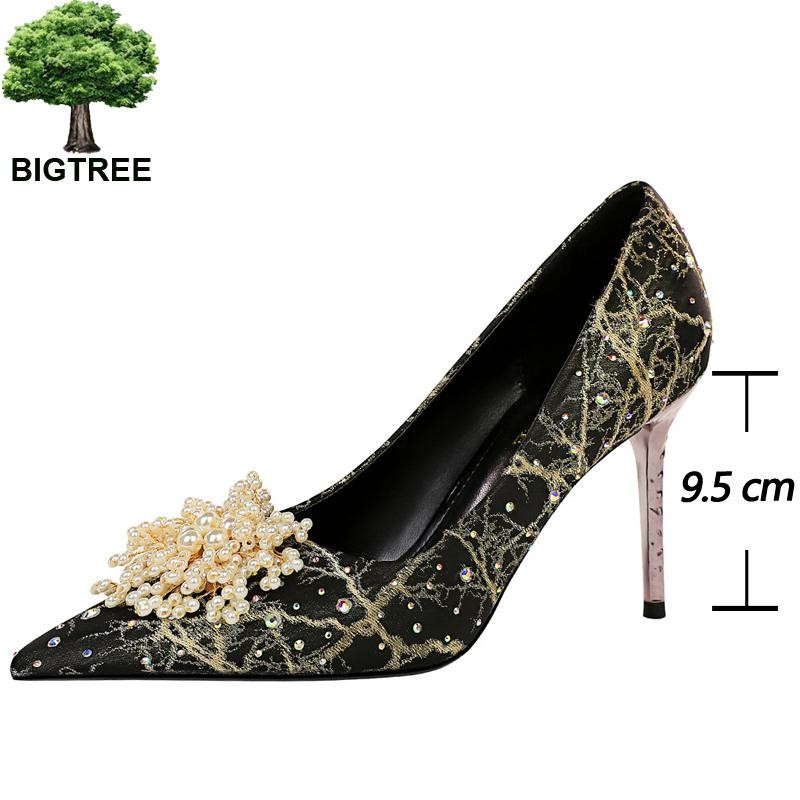 BIGTREE Pearl Floral Shoes Woman Pumps Rhinestone High Heels 2022 New Luxury Women's Heels Stiletto Plus Size Ladies Pumps