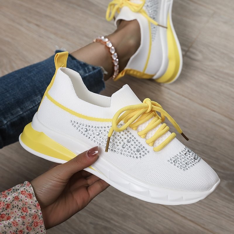 Rimocy Women Crystal Platform Sneakers Comfortable Soft Sole Knitted Flat Shoes Woman 2022 Spring Breathable Mesh Casual Shoes