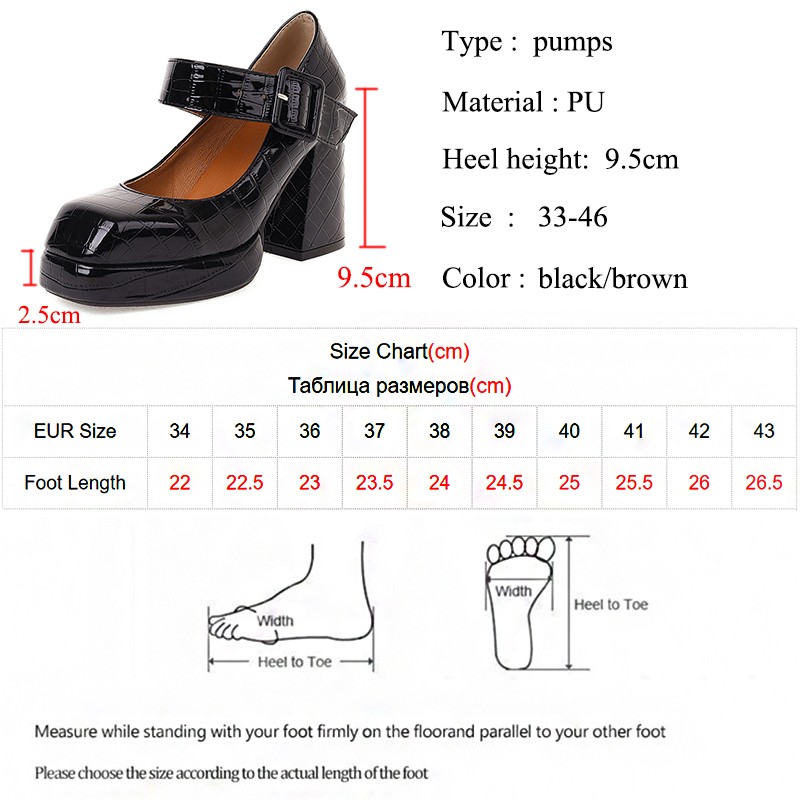 Lucifer Chunky Platform Mary Janes Shoes Women Brown Ankle Buckle Thick Heel Pumps Woman Vintage Pu Leather Shoes Plus Size 46