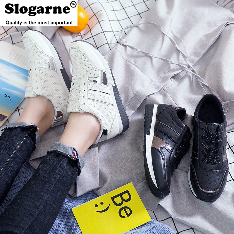 Women Plus Size Luxury Shoes Platform Sneakers Female Spring Walking Shoes Student Flats Thick Sole Hollow Leather Shoes