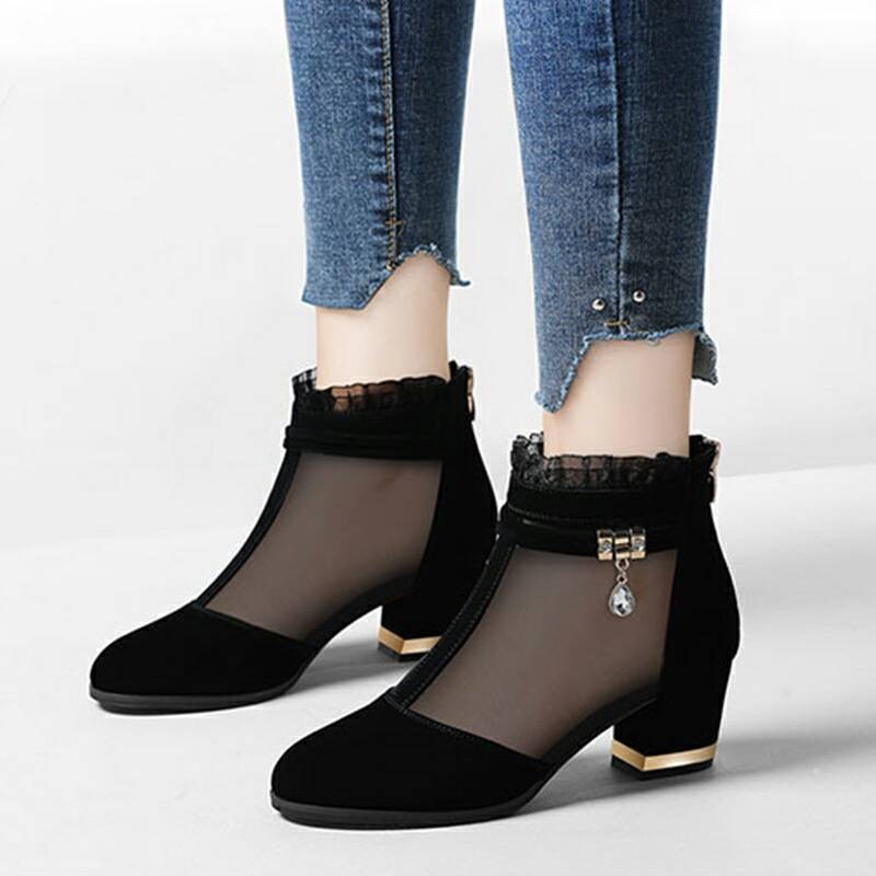 Woman Mesh Gauze Light Heels Chunky Heels Pants Female Shoes Fash Breathable Shoes New Black Single Shoes Shoes Sandals