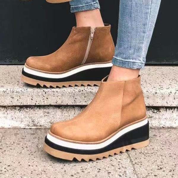 Plus size 43 wedge heel ankle boots women 2021 autumn and winter new flat side zipper leather boots women botas de mujer