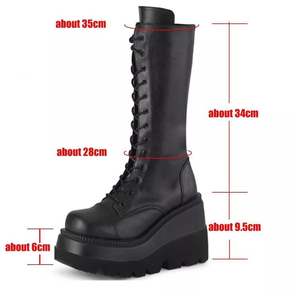 Women platform heels motorcycle shoes woman plus size long tube martin boots waterproof wedge patent leather thigh high boots