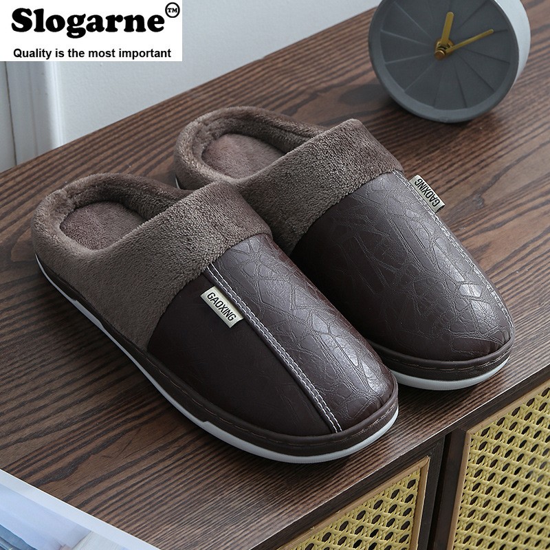 Couples Women Men Winter Slippers Home Cotton Shoes For Lovers Men Indoor Slippers Plush Warm Indoor PU Leather Waterproof Unisex