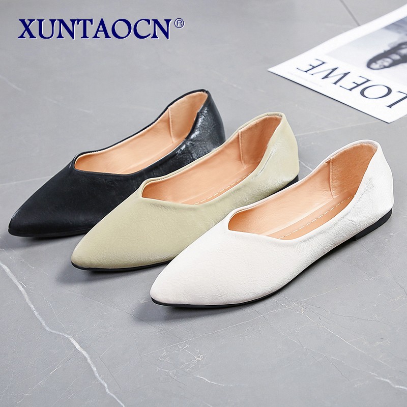 Spring Women Flats Black Pointed Toe Ballet Flats Shallow Boat Shoes Woman Flock Casual Shoes Female Loafers Apricot Pink