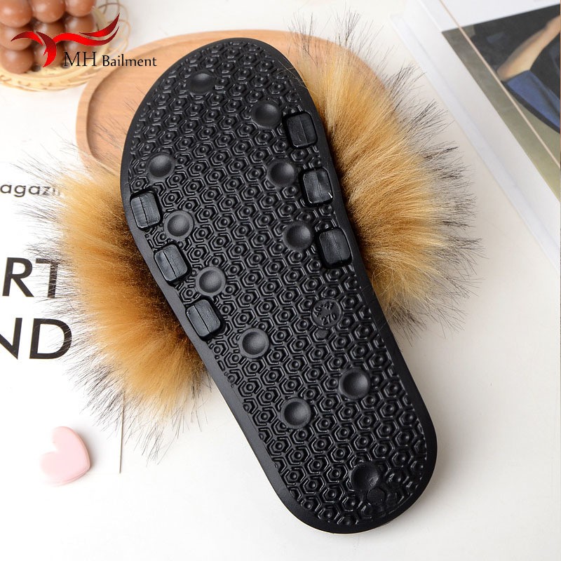 Women Summer New Synthetic Fox Fur Slippers Indoor Home Furry Cute Faux Raccoon Fur Non-slip Outdoor Home Shoes Beach Sandals