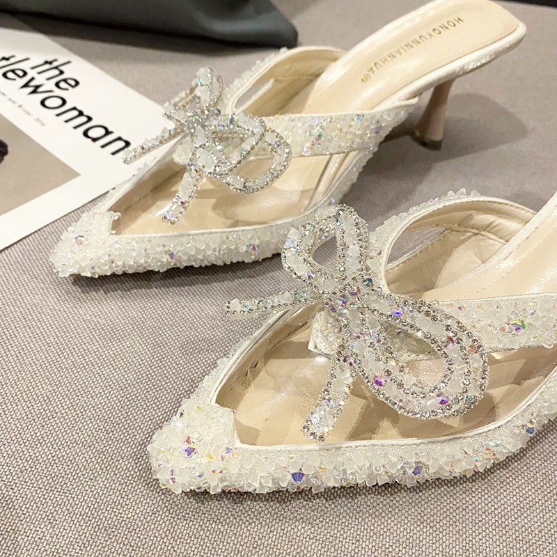 Rimocy Luxury Crystal Bowknot Slippers Women 2022 Summer Sexy Pointed Toe Thin High Heels Sandals Woman Rhinestone Party Shoes