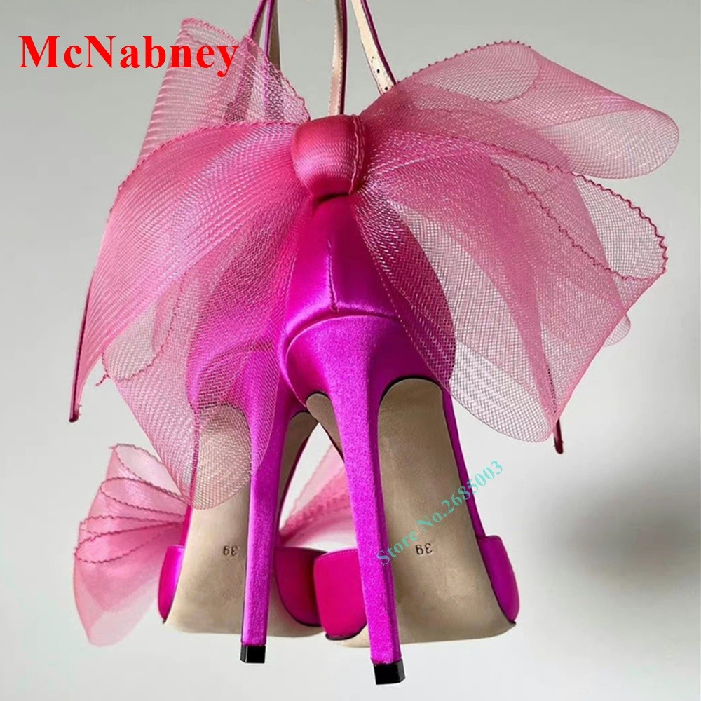 Mesh Butterfly Knot Women's Sandals Pointed Toe Solid Satin Ankle Straps Thin High Heels Sexy Women Shoes Designer Summer Sandals