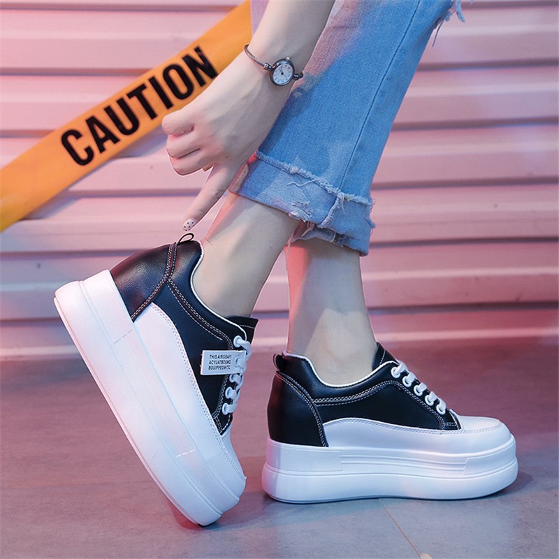 Women Breathable Sneakers Increase Platform Shoes 8cm Casual Shoes Leisure Leather White Shoes Women Vulcanize Shoes 2022