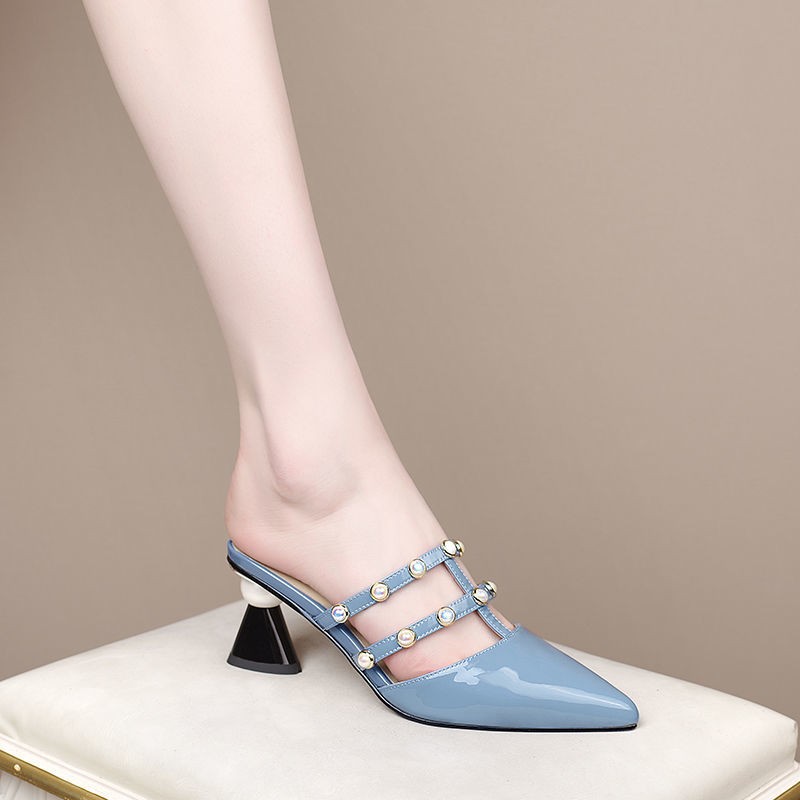 New Patent Leather Pointed Rhinestone Chain Bead Women Slippers Breathable Comfort High Heel Baotou Wearable Zapatos Mujer