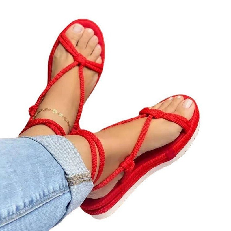 Summer new women's sandals thick-soled sponge cake hemp rope woven sandals ladies large size round toe female beach sandals