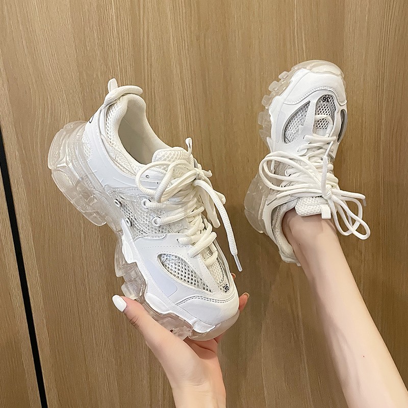 2022 New Fashion Thick Sole Women Sneakers Transparent Jelly Sneakers Chunky Air Mesh Sneakers Lace Up Shoes