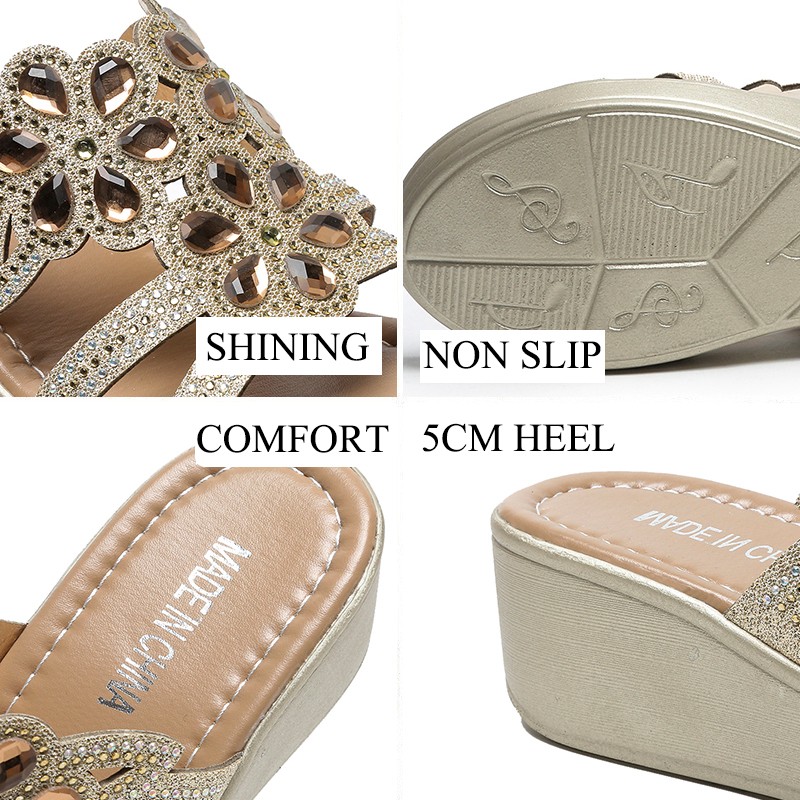 2022 Rimocy Fashion Crystal Wedge Heel Sandals Women Platform Chunky Platform Stiletto Gold Shiny Mid Heel Sandals