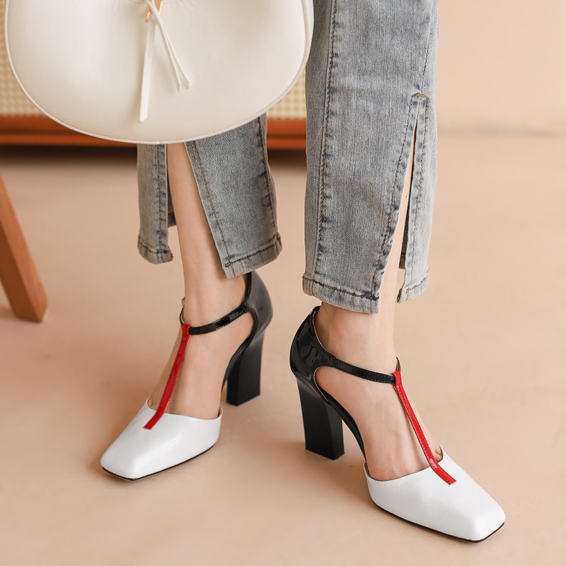 FEDONAS Women Pumps Spring Summer Fashion Mixed Colors T-strap Genuine Leather Square Toe High Heels Woman Party Office Shoes