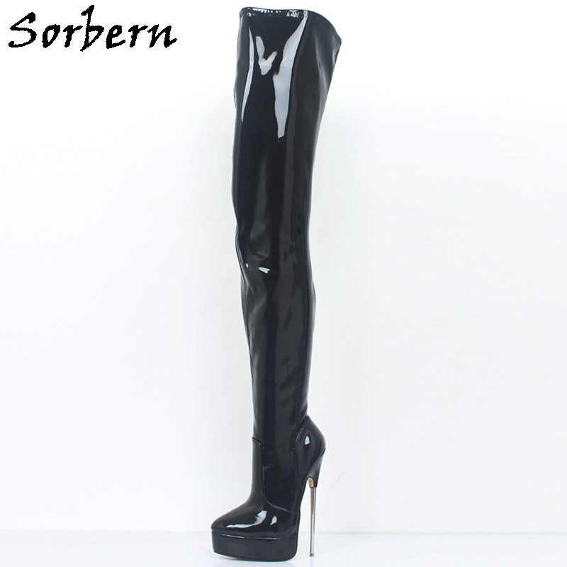 Sorbern Unisex Crotch Thigh High Boots 18cm Metal High Heel Long Boot Shoes Ladies Platform Spike Hard Walking Boot Pointy Toes