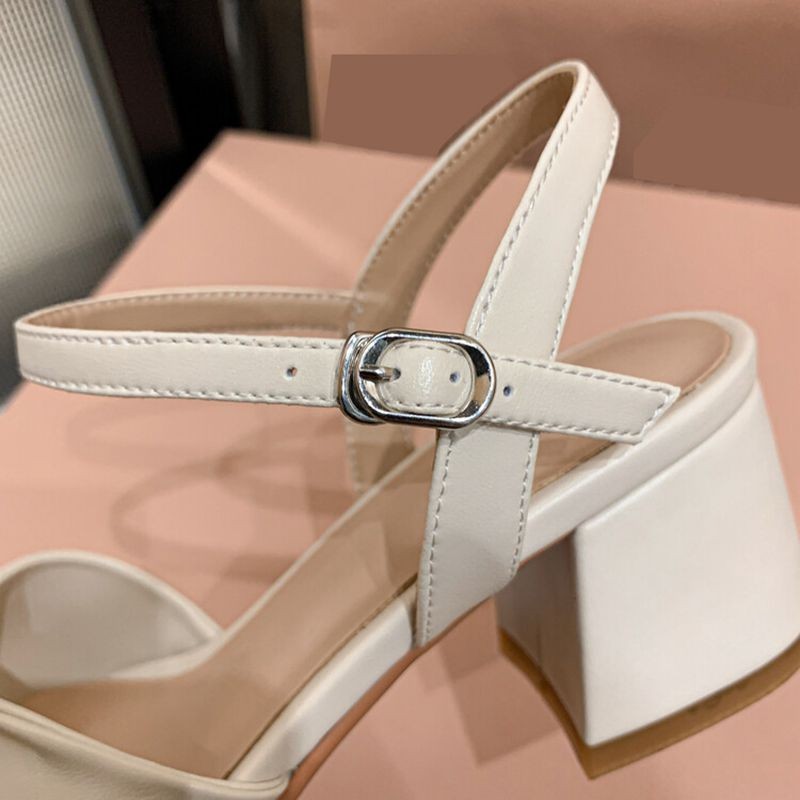 REAVE CAT Soft Comfortable Leather Women Sandals Square Toe Chunky Heels Pleated Buckle Strap 34-39 White Summer Elegant S3662