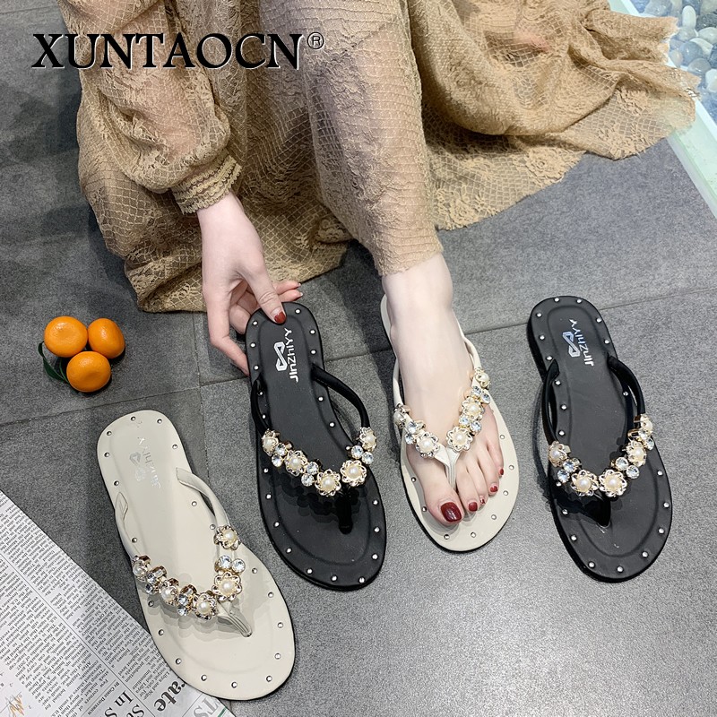 Flat Shoes Female Womens Slippers Outdoor Pantofle Low Rubber Flip Flops Slides 2022 Hawaiian Beach Glitter Fabric Crystal PU