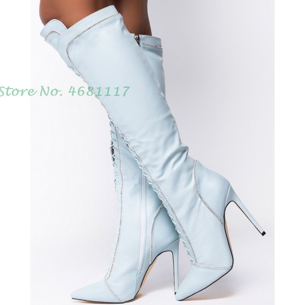 Light Blue Knee High Boots Lace-up Chic Pointed Toe Leather Splicing Long Boots Sweet Thin Heels Fashion Women Shoes Spring 2022